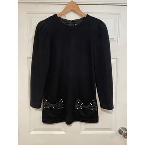Vintage Connections Polka Dot Bow Pockets Knit Mini Dress Black Long Sleeve M 10